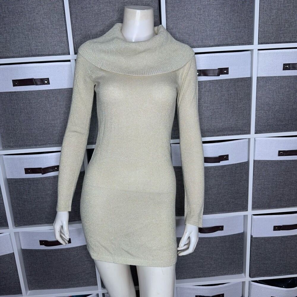 Energie Juniors' Metallic Cowl-Neck Sweater Dress Cream & Gold Size Small